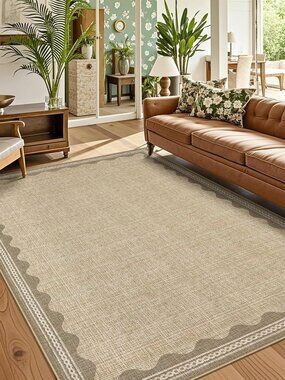 Washable Rugs 5x7 Rug for Living Room, Scalloped 5 x 7 Rug Solid Tan Jute Digita